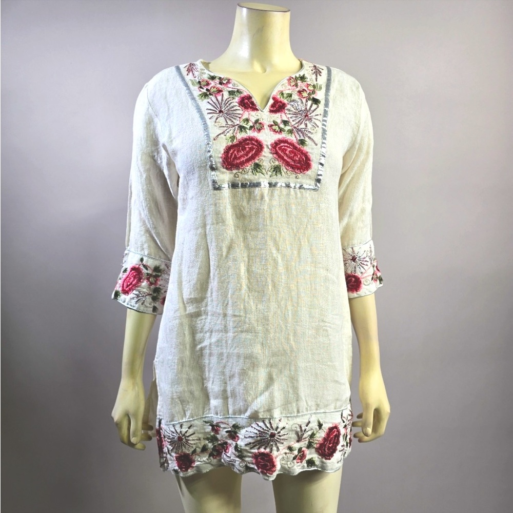 Special Occassion White Lenin Embroidered Silver Metallic Trim Boho Peasant Top